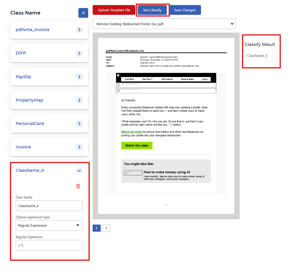 Test Classify: document preview, Classify Result showing matched class name